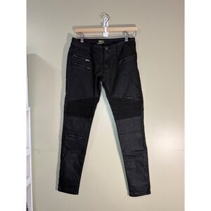 Top Trends Black Coated Moto Biker Jeans Ribbed Knee Zipper Detail Size 44